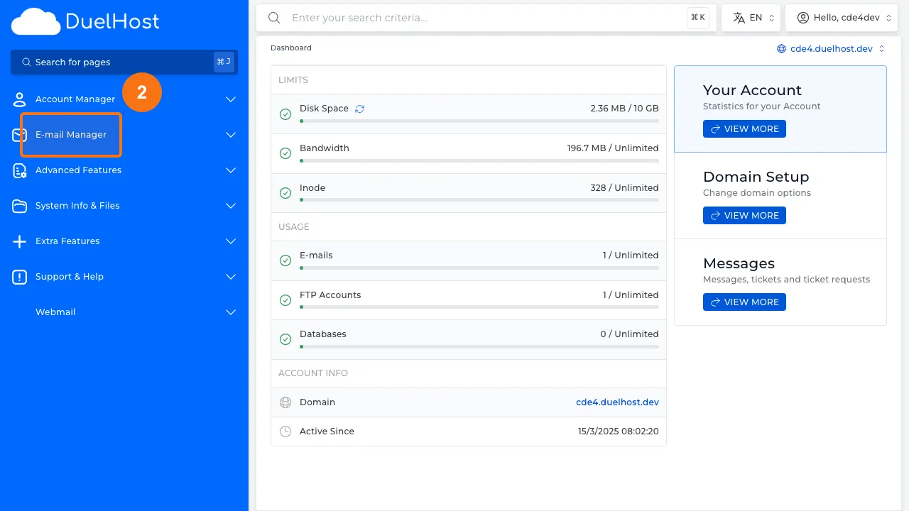 Trin 2: Klik på "E-mail Manager" i sidemenuen