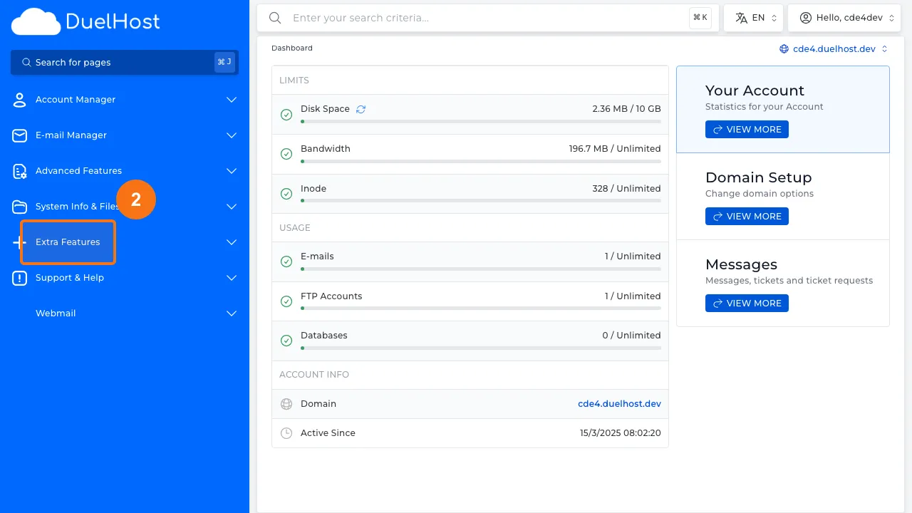 Trin 2: Klik på "Extra Features" i sidemenuen