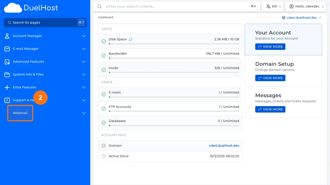 Trin 2: Klik på "Webmail" i sidemenuen