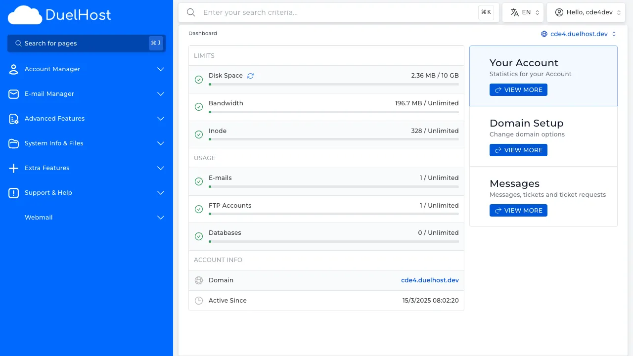 Trin 2: Se dashboard-layoutet med overblik over din hosting