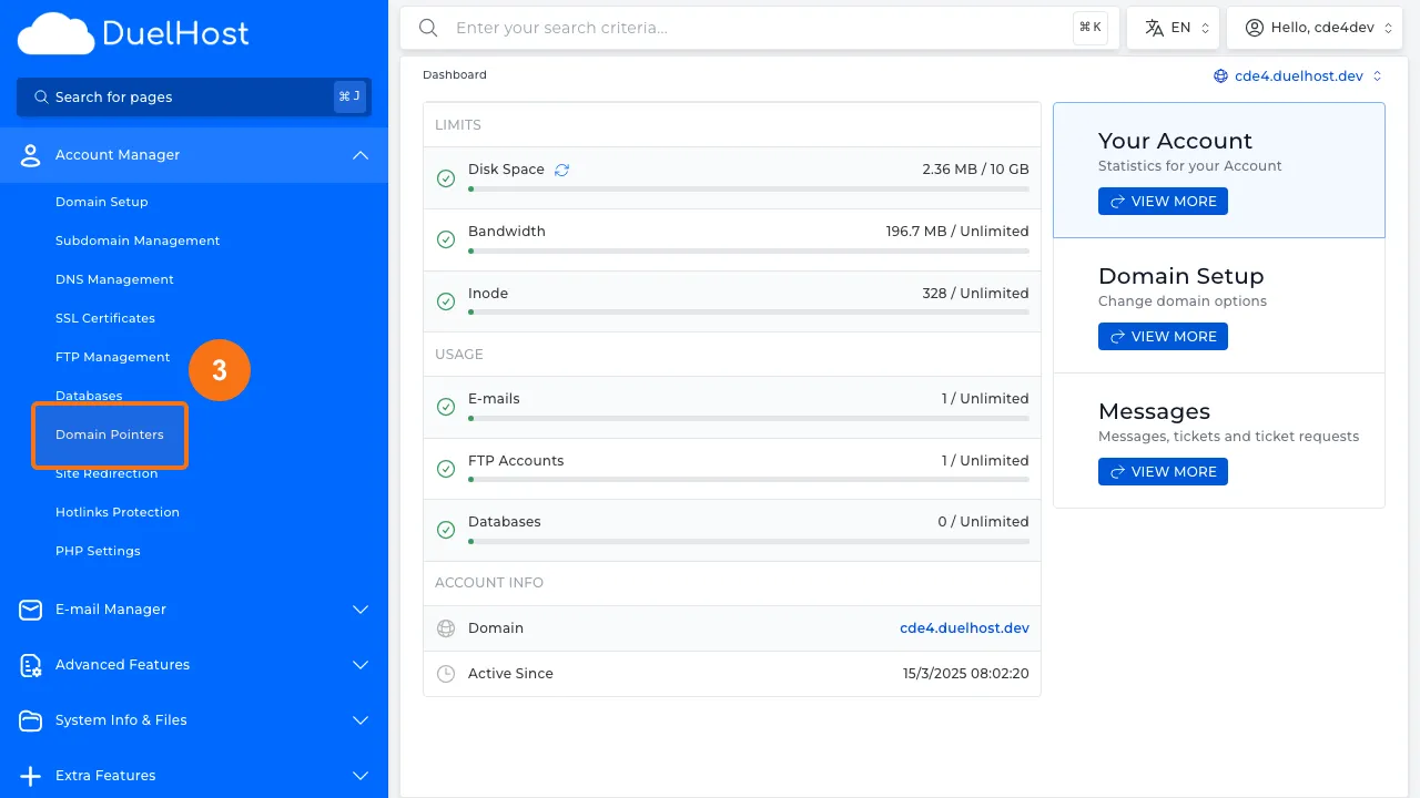 Trin 3: Klik på "Domain Pointers" for at se domain pointers