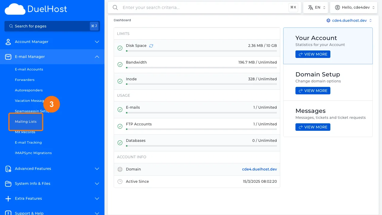 Trin 3: Klik på "Mailing Lists" for at se mailinglister