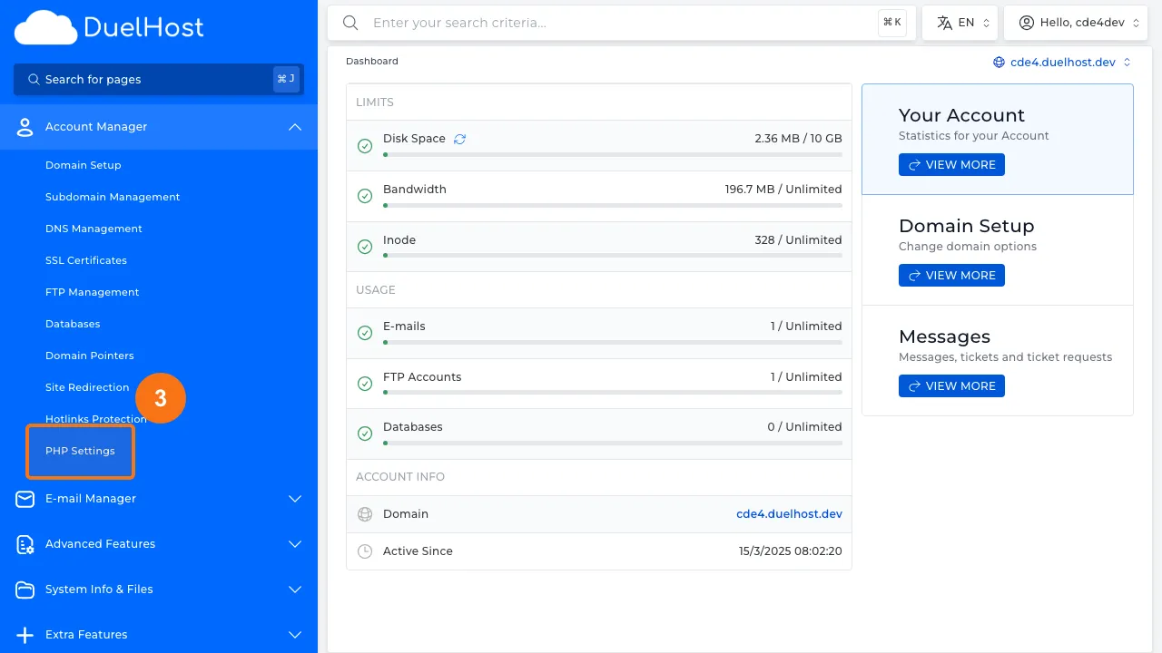 Trin 3: Klik på "PHP Settings" for at åbne PHP-konfigurationen
