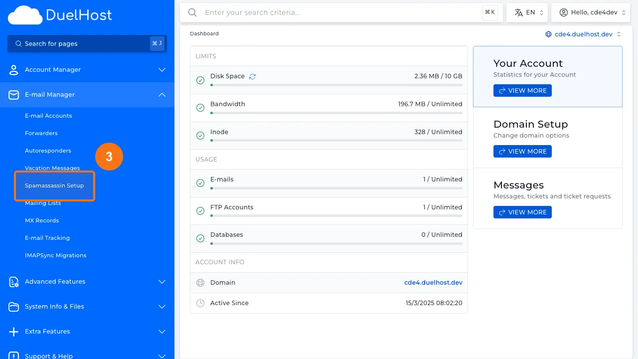 Trin 3: Klik på "SpamAssassin Setup" for at åbne spamfilterindstillinger