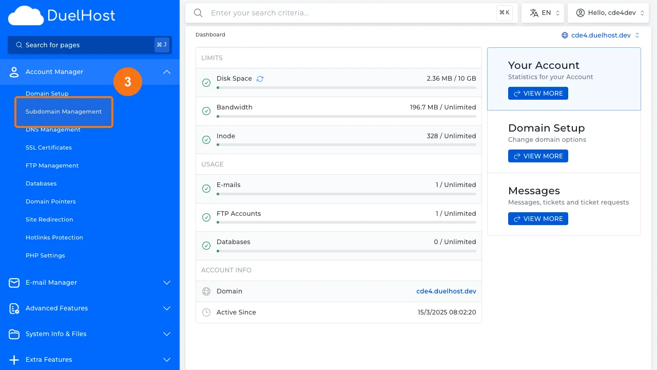 Trin 3: Klik på "Subdomain Management" for at administrere subdomæner