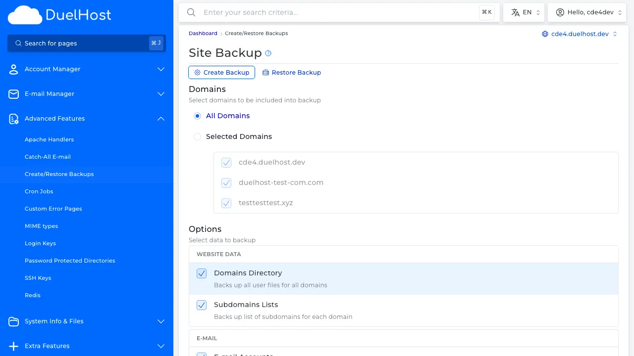 Trin 4: Se backup-muligheder for filer, databaser og email — klik IKKE på "Create Backup"
