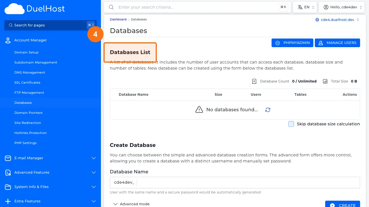 Trin 4: Se database-listen og oprettelsesformularen nedenfor