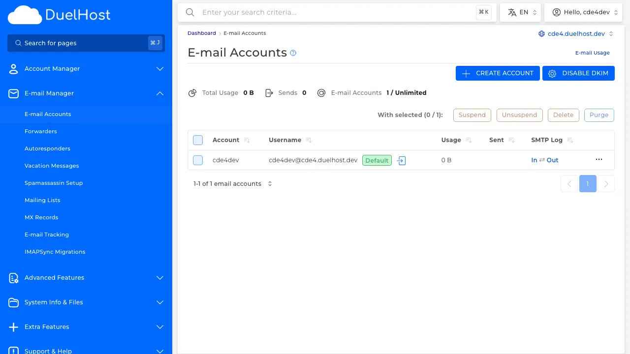 Trin 4: Se emailkonti og tjek kvota/status