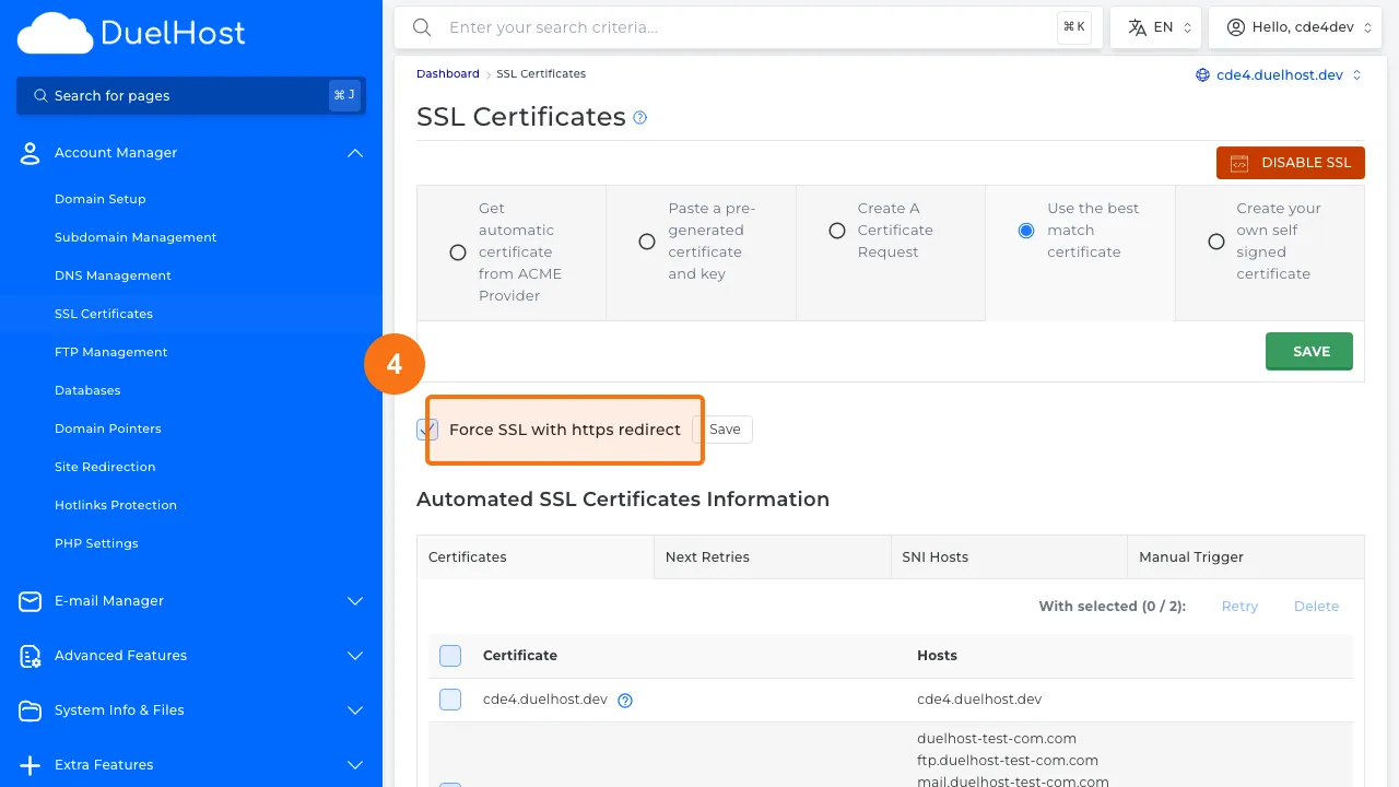 Trin 4: Se SSL-siden og "Force HTTPS" muligheden — aktiver ikke uden bekræftelse