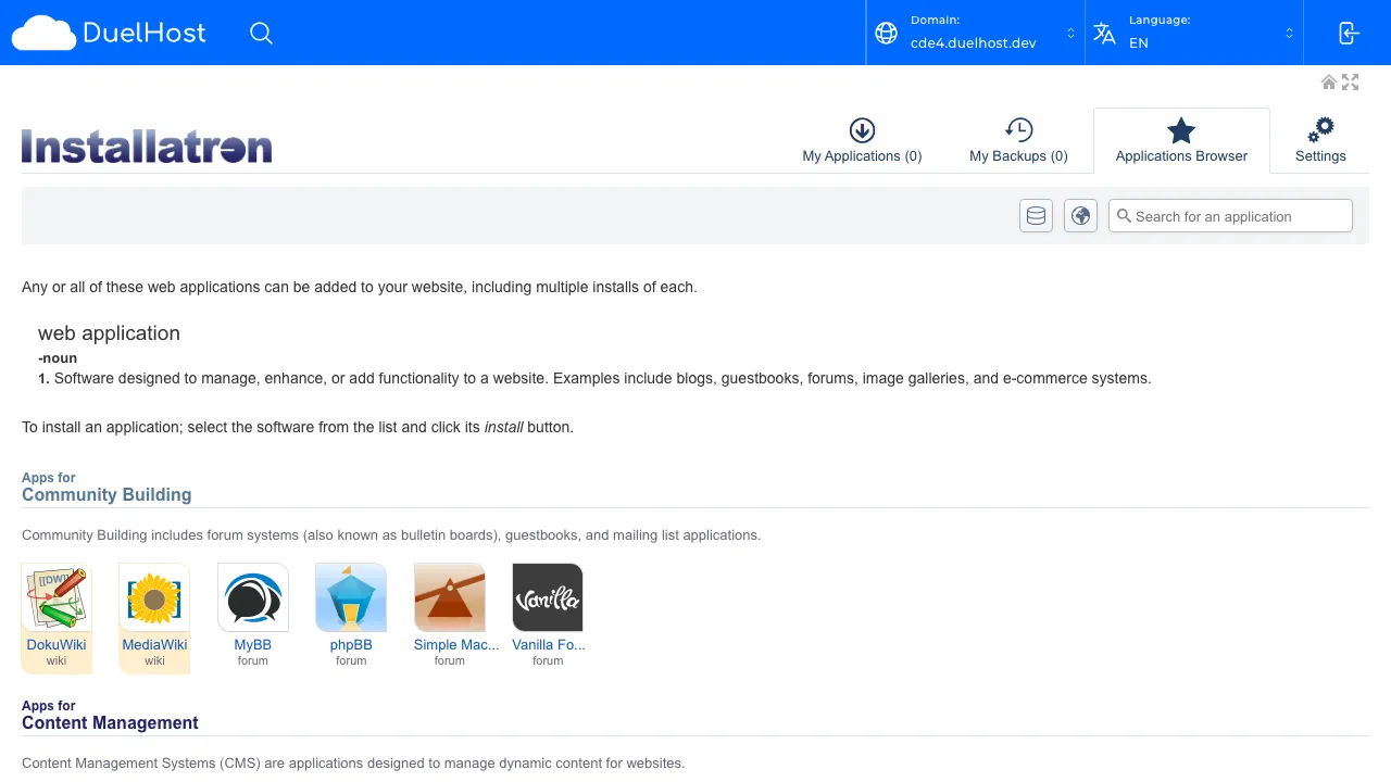 Trin 4: Se Installatron-oversigten — scroll ned til "Content Management" for at finde WordPress