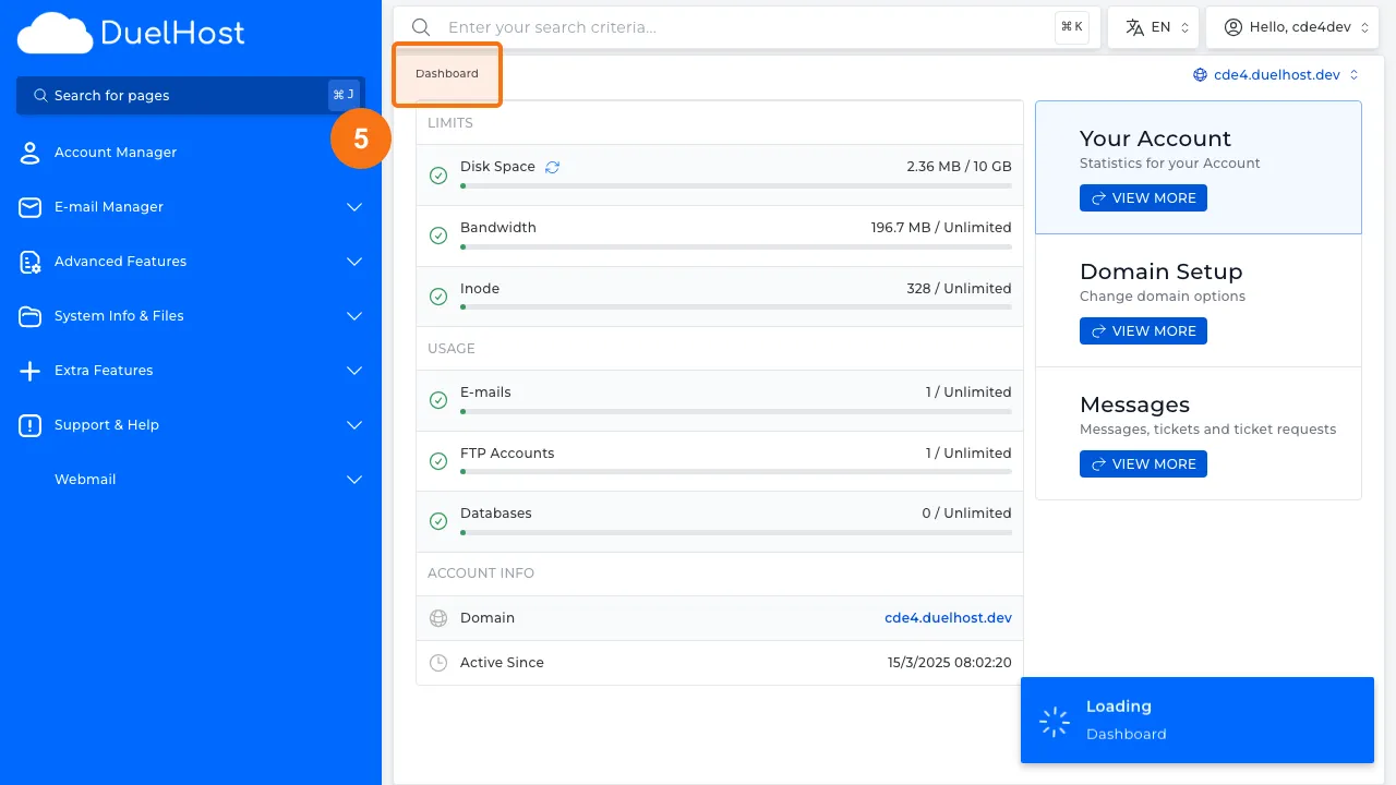 Trin 5: Gå tilbage til DirectAdmin Dashboard
