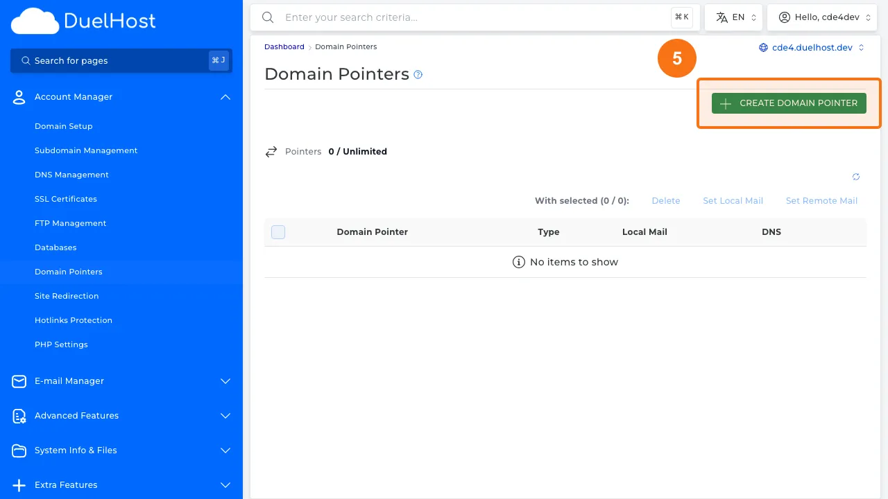 Trin 5: Klik for at tilføje en ny domain pointer