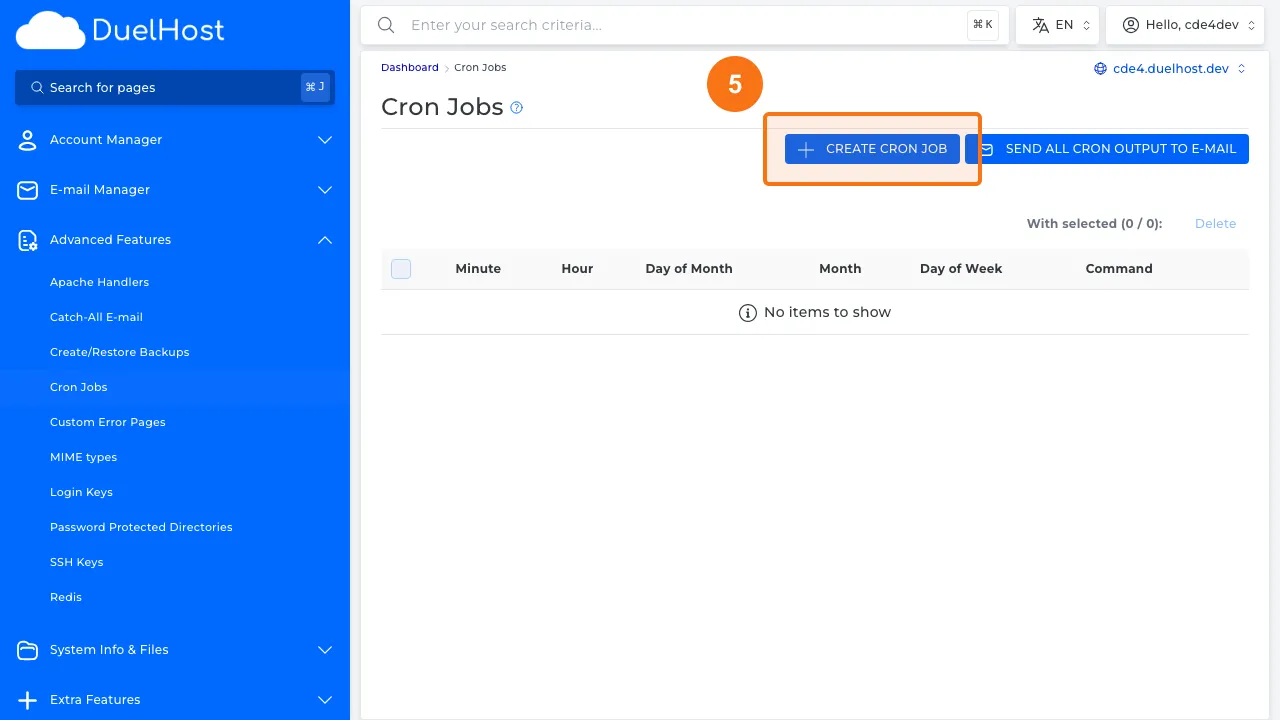 Trin 5: Klik for at oprette et nyt cron job