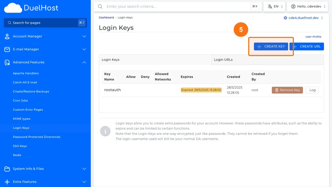 Trin 5: Klik for at oprette en ny Login Key