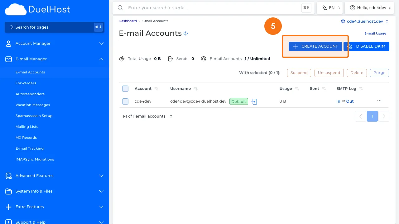 Trin 5: Klik på "Create Account" for at oprette en ny emailkonto