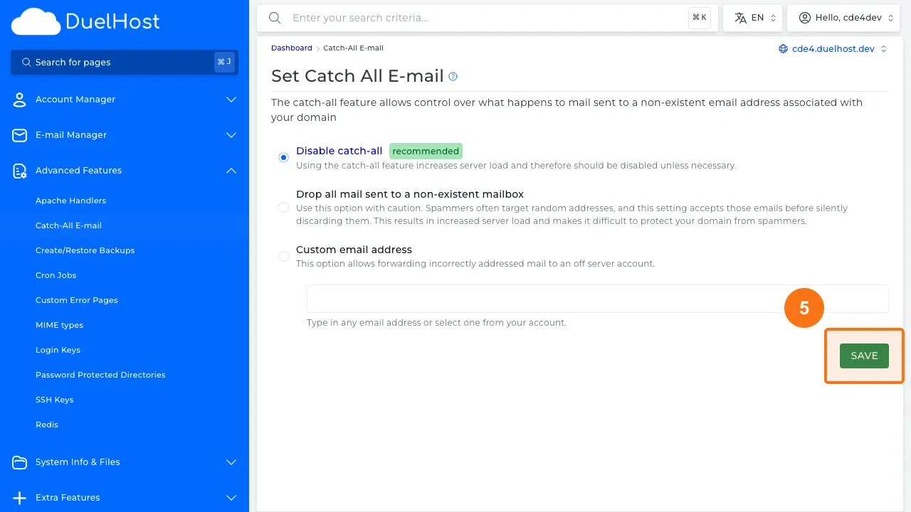 Trin 5: Vælg en handling (f.eks. 'Forward to address' og angiv en email) — klik derefter 'SAVE' for at gemme