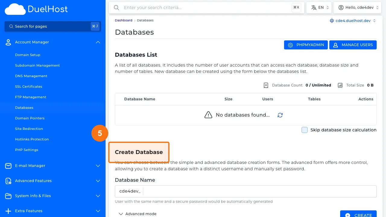Trin 5: Scroll ned til "Create Database" — udfyld et navn og klik "CREATE"