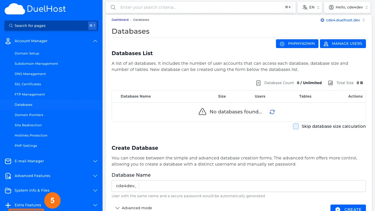 Trin 5: Se "PHPMYADMIN" knappen øverst til højre — klik for at åbne phpMyAdmin