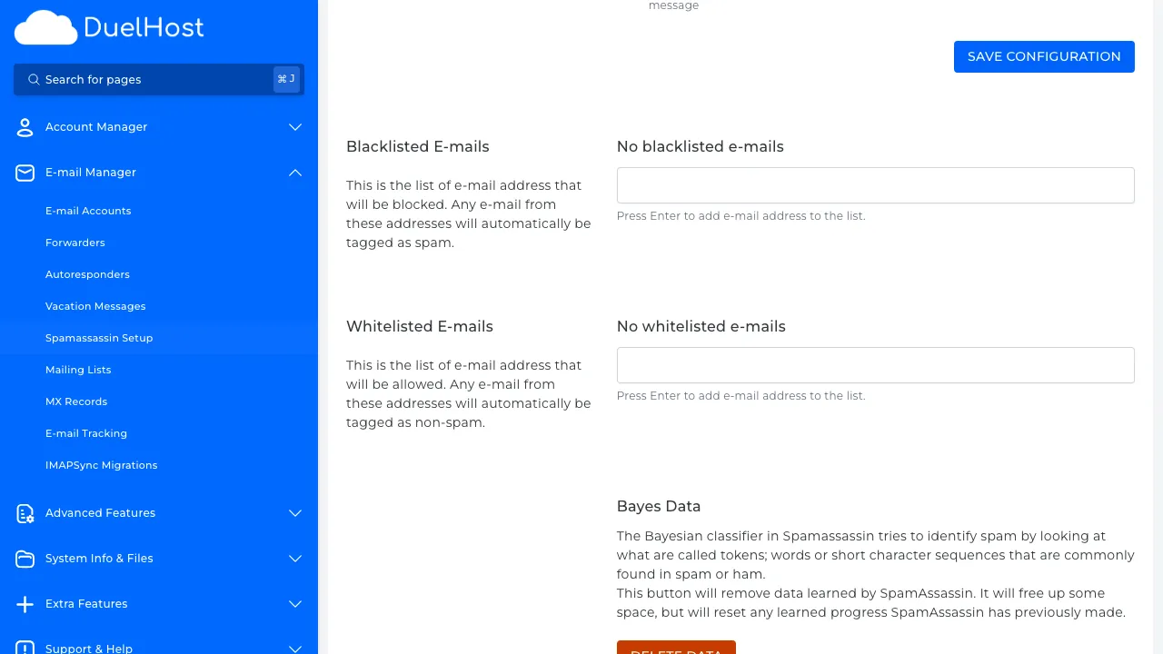 Trin 5: Scroll ned for at se whitelist og blacklist — her kan du tilføje afsendere der altid tillades eller blokeres