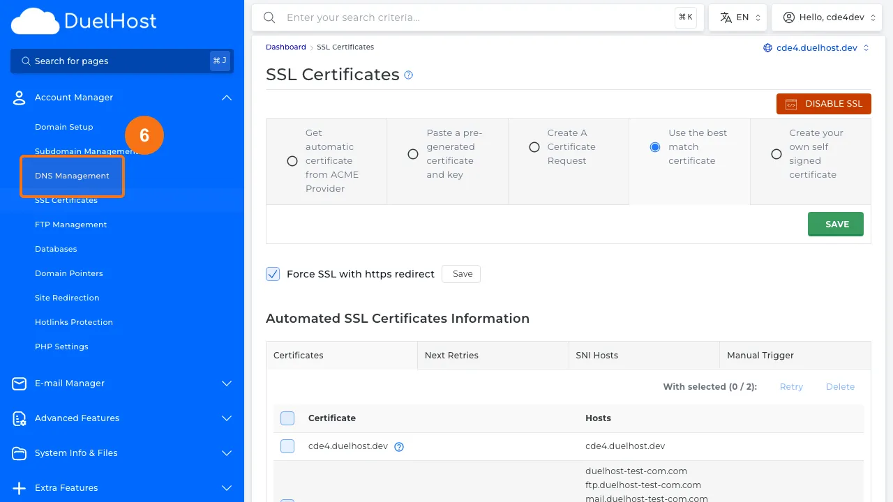 Trin 6: Klik på "DNS Management" for at tjekke CAA- og A-records
