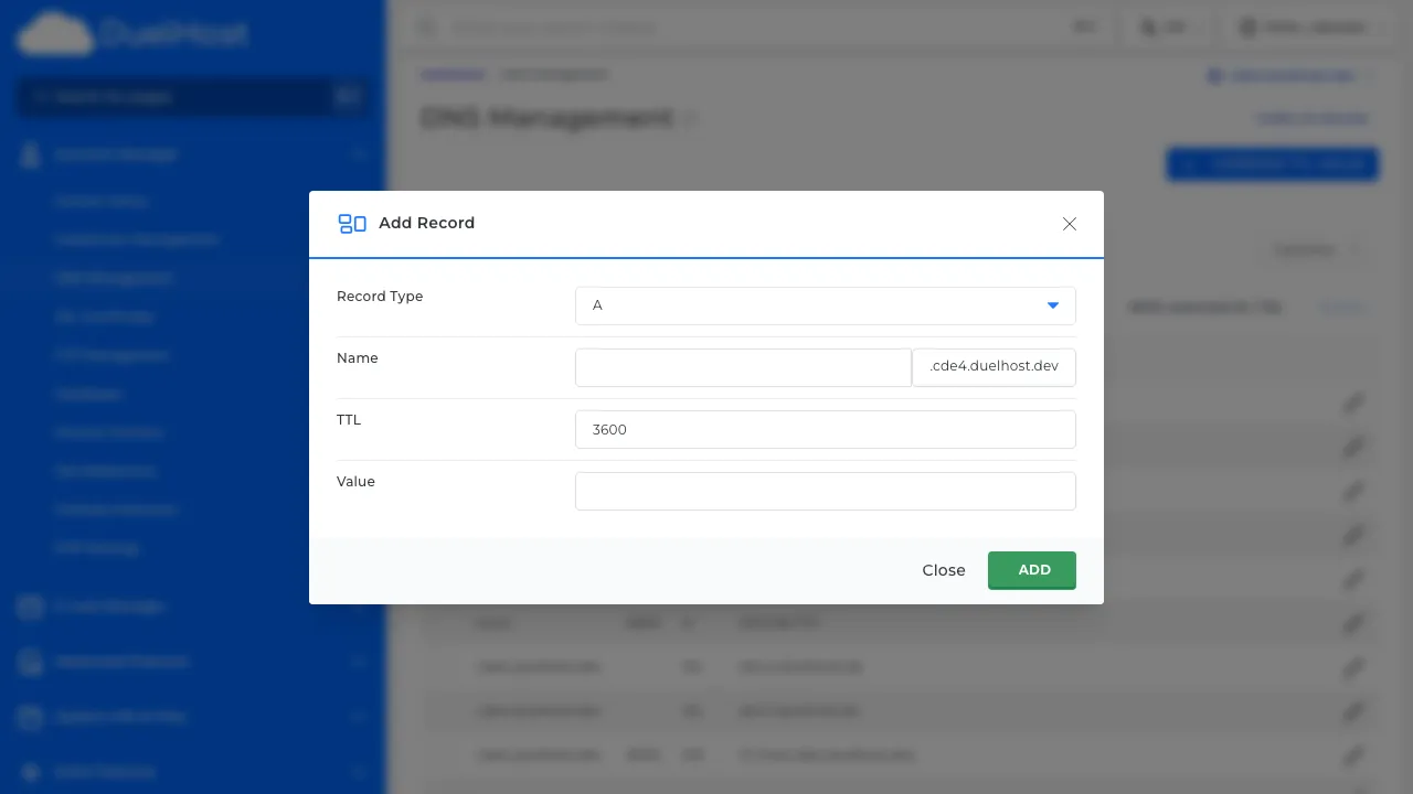 Trin 6: Se formularen — vælg record-type (A, CNAME, MX, TXT), udfyld navn og værdi, klik derefter 'ADD' for at tilføje