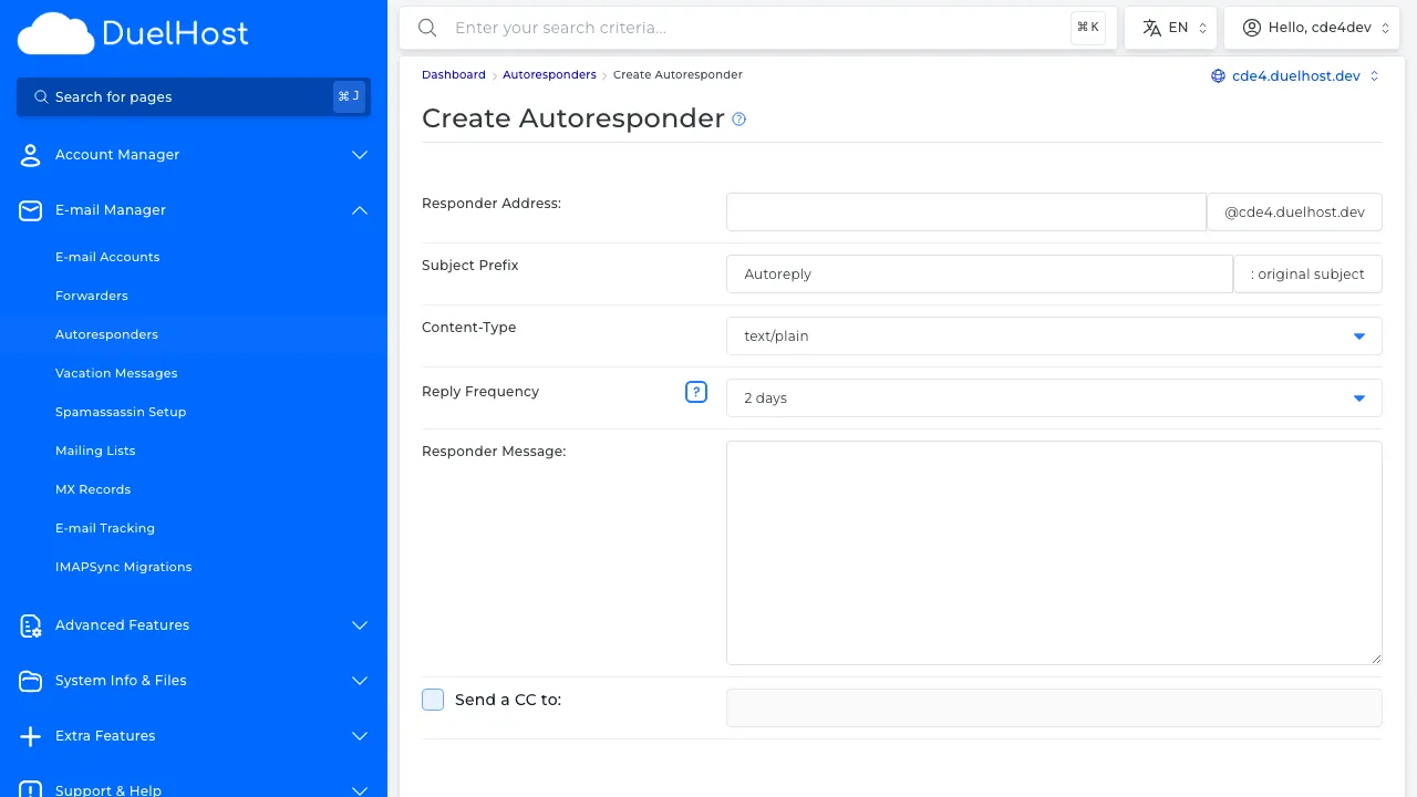 Trin 6: Se formularen — vælg emailkonto, skriv besked og angiv datoer, klik derefter 'CREATE' for at gemme