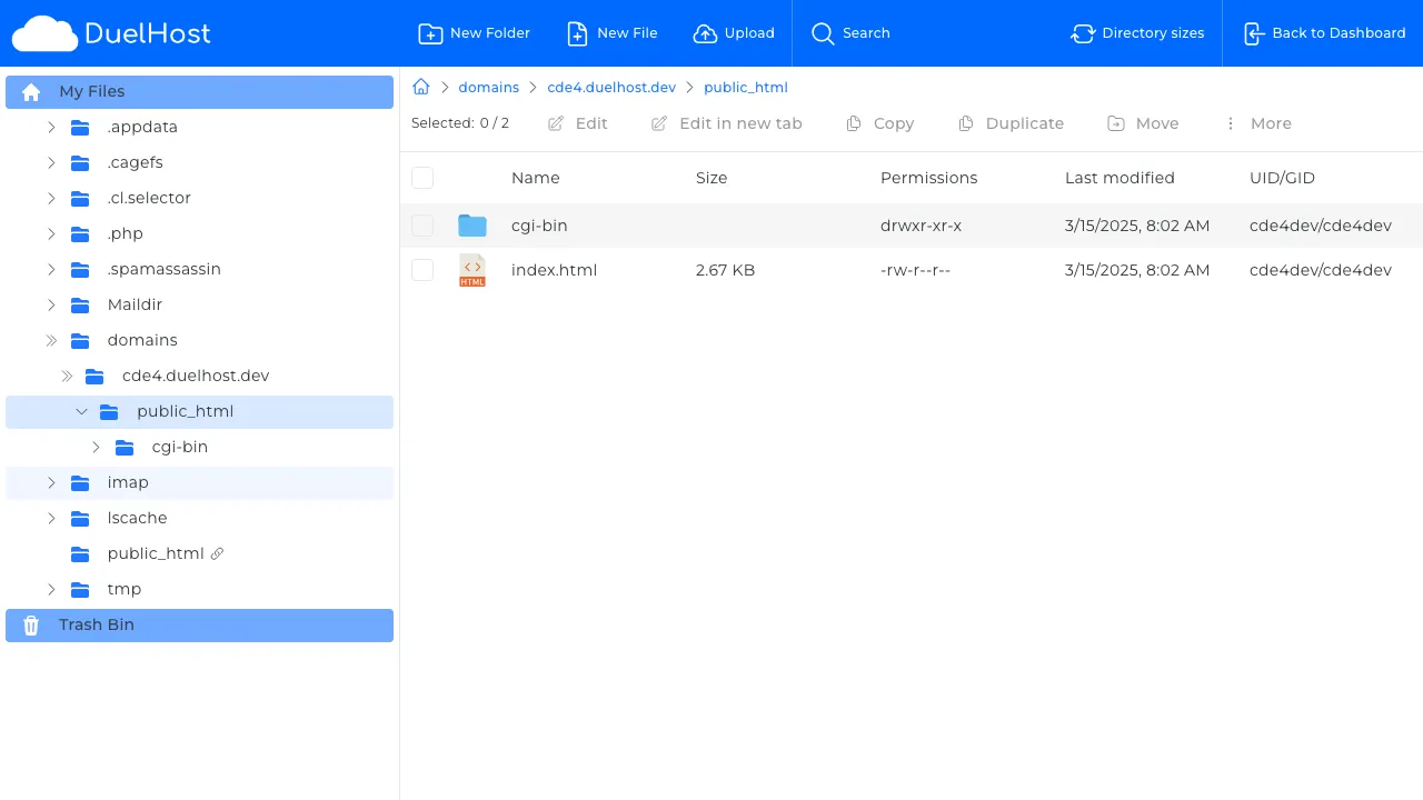 Trin 6: File Manager åbner i public_html — opret eller rediger 404.shtml-filen her med din egen fejlside-HTML