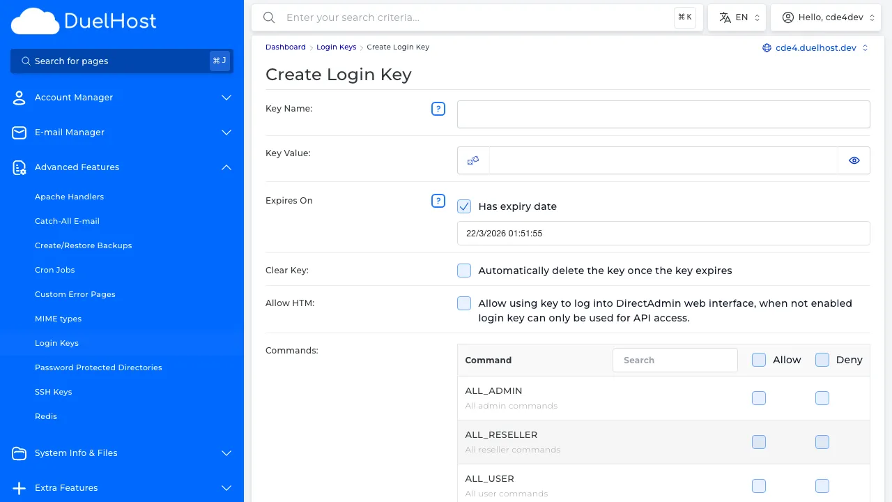 Trin 6: Se formularen — angiv nøglenavn, tilladelser og udløbsdato, klik derefter for at oprette