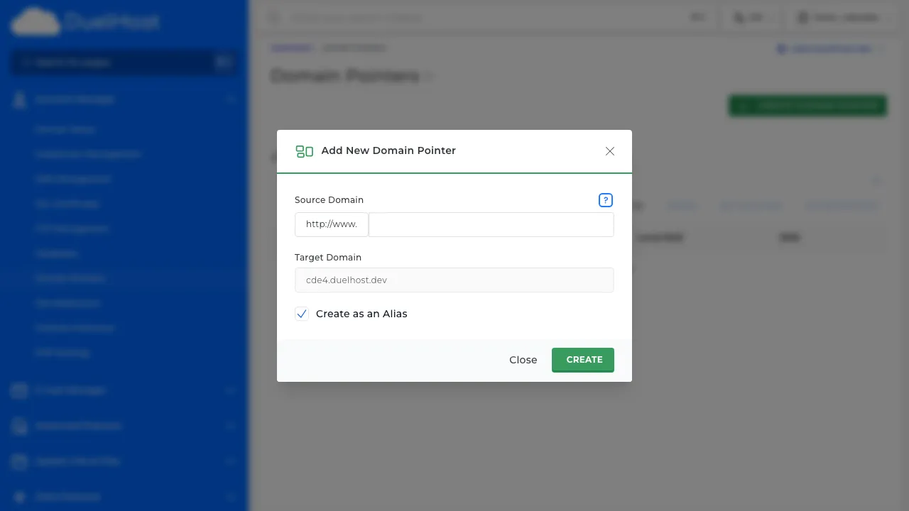 Trin 6: Se formularen — indtast domænenavnet og vælg type (alias eller redirect), klik derefter for at gemme