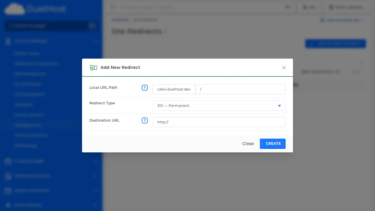 Trin 6: Se formularen — indtast kilde-sti og destinations-URL, vælg type (301/302), klik derefter for at gemme