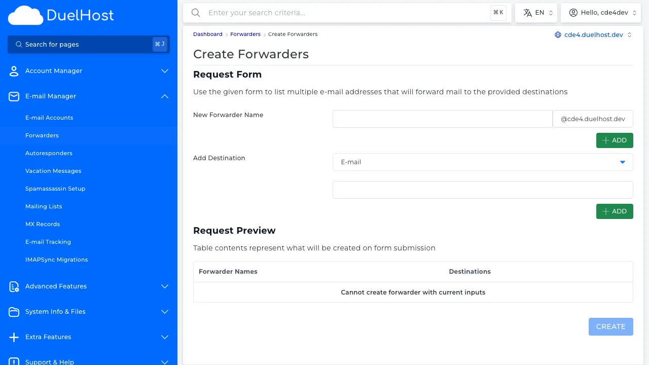 Trin 6: Se formularen — indtast afsender-email og destinations-email, klik derefter 'CREATE FORWARDER' for at oprette